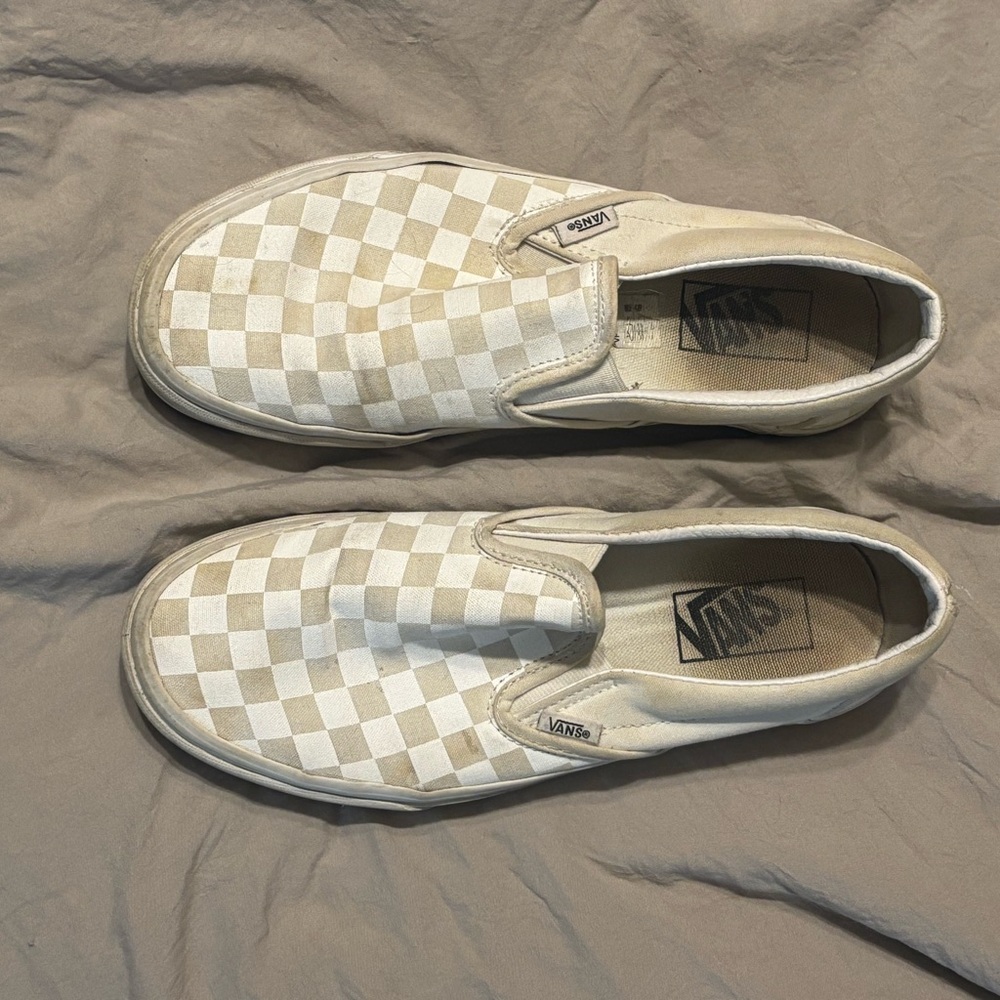 Vans Checkered Slip-On Shoes - Beige and White